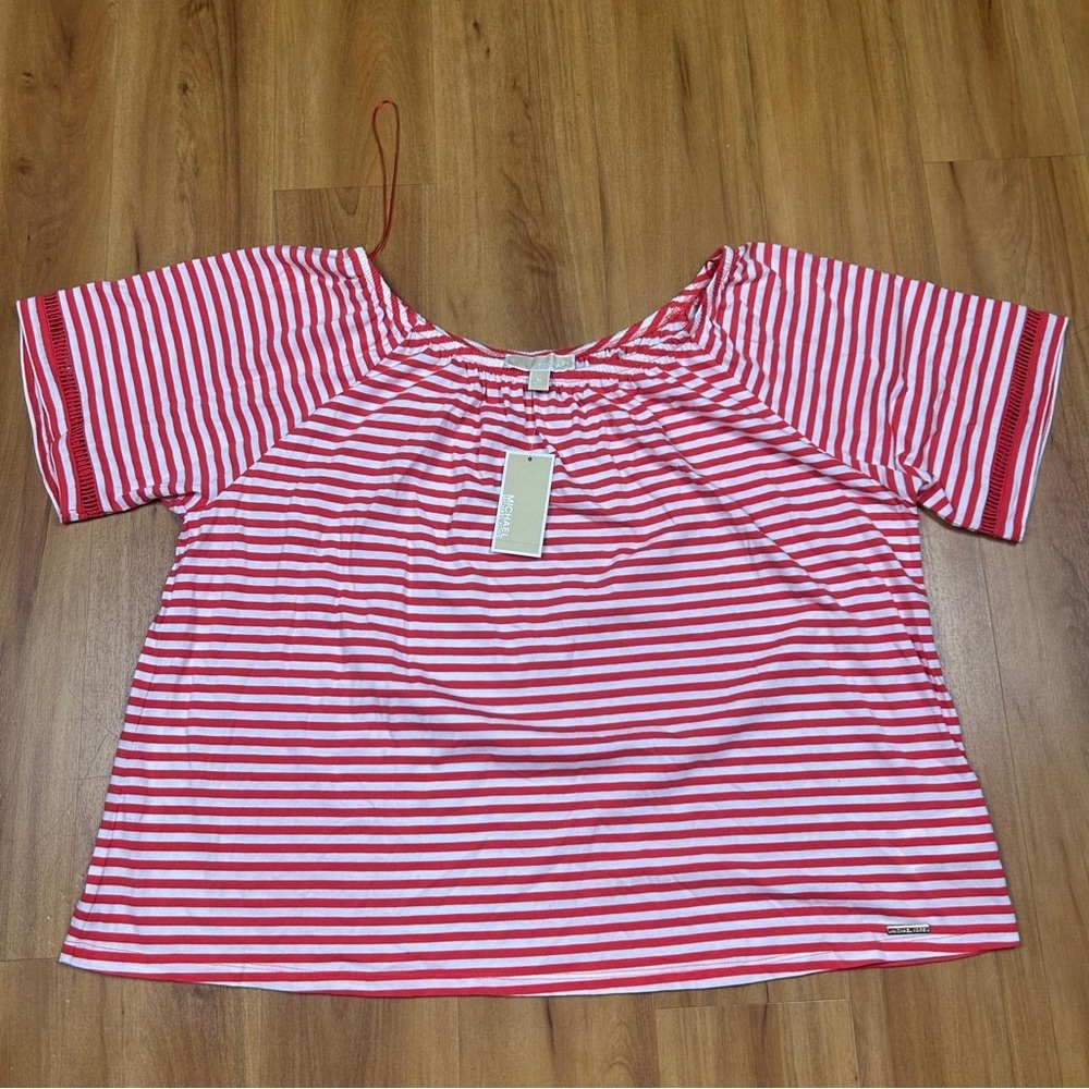 Michael Kors White and Red Boxy Short Sleeve Blouse Size‎ XL